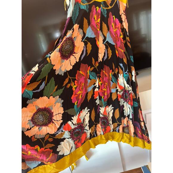 Maeve Anthropologie Vintage Floral Wrap Midi Dress Yellow Trim Size 0 XS - Picture 9 of 13